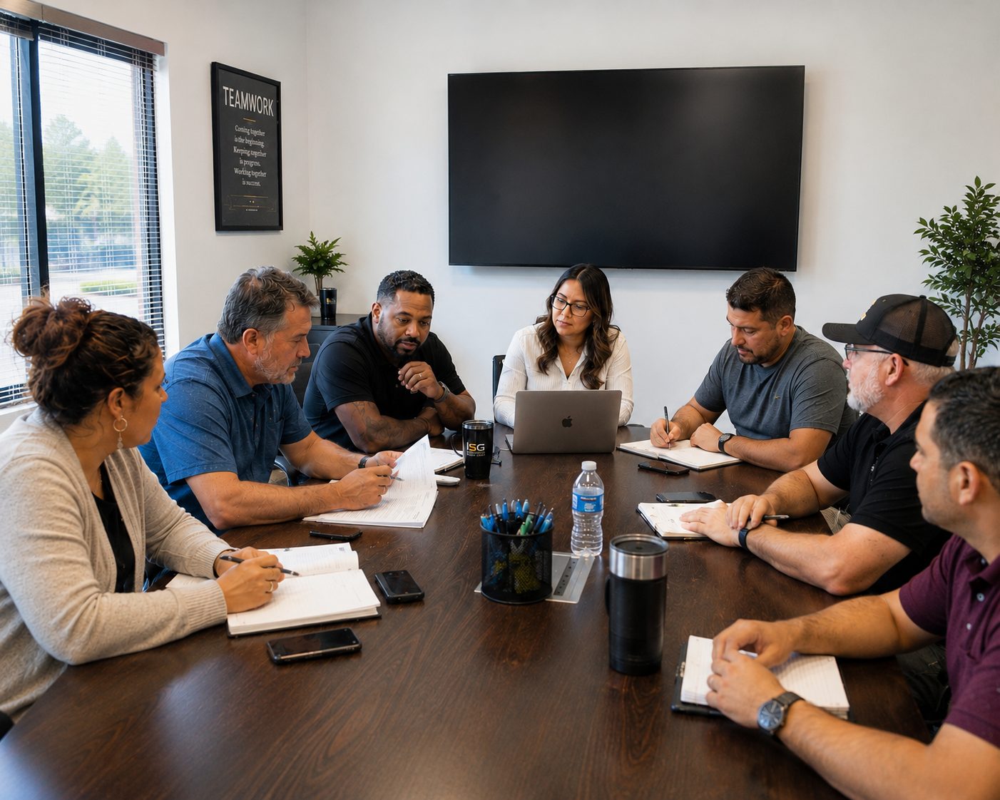 Seven people seated around a long wooden conference table, taking notes and reviewing printed documents. A large wall-mounted screen behind them is switched off, a framed TEAMWORK print hangs beside a window, and a travel mug on the table carries the Innovative Systems Global logo.